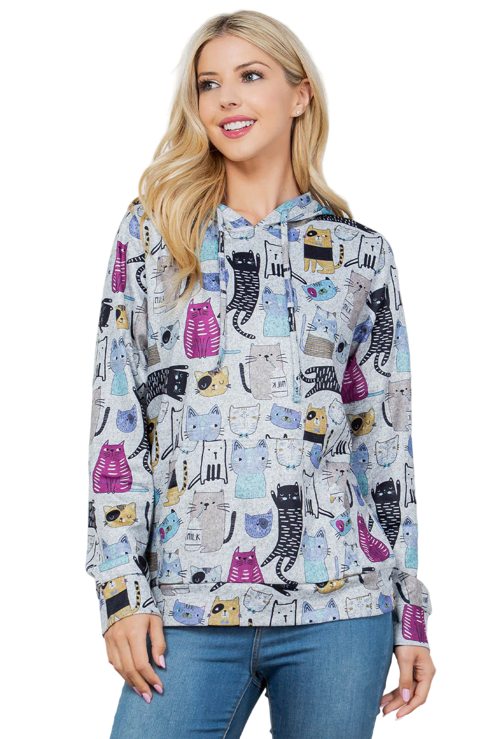 Soft Sweater Knit Pullover Hoodie - Cats