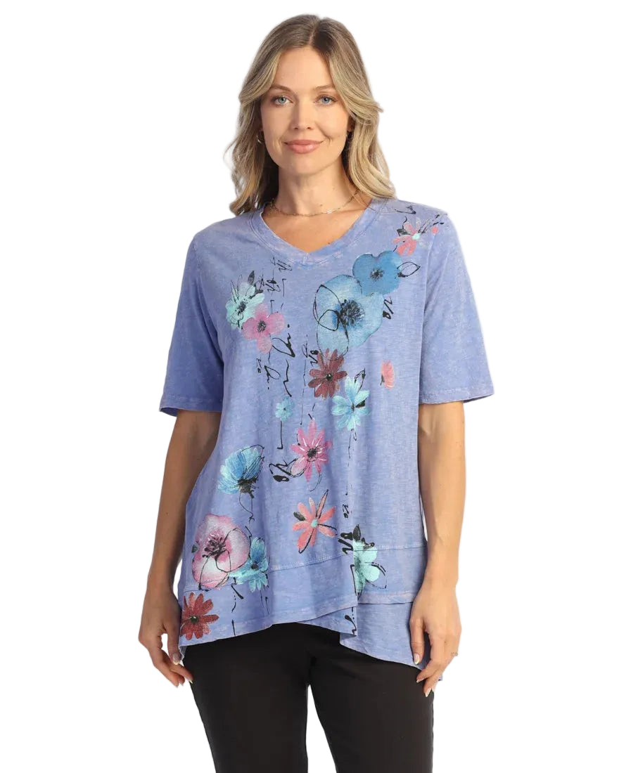 Mineral Washed V-Neck Top Tulip Hem - Serenade
