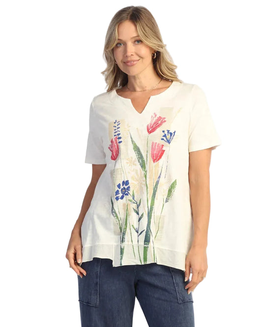 100% Cotton Notch Neck Contrast Hem - Tulips