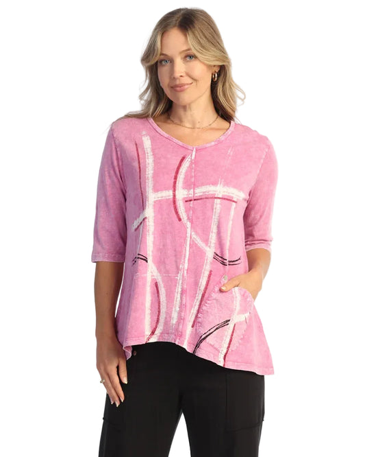 Mineral Wash V-Neck Top Contrast Pocket and Shell Buttons - Contour