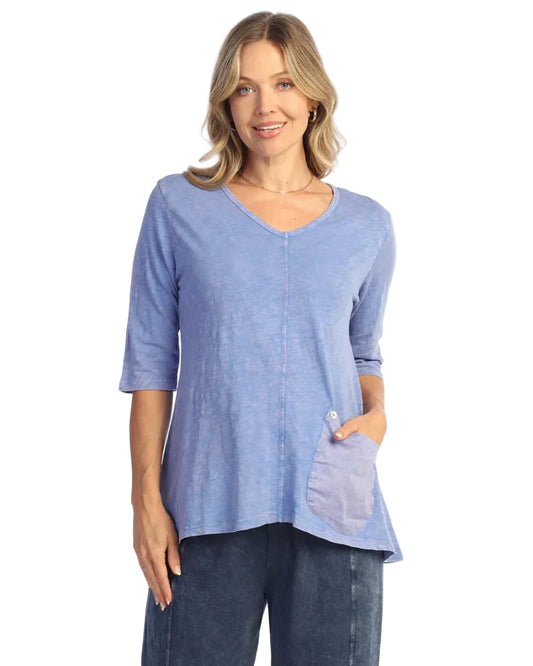 Mineral Wash V-Neck Top Contrast Pocket and Shell Buttons