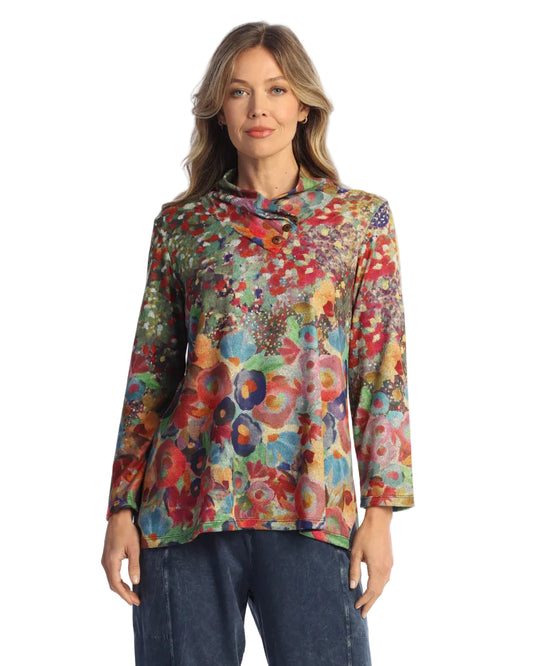 French Brush V-Neck Tunic with Buttons - Potpouri