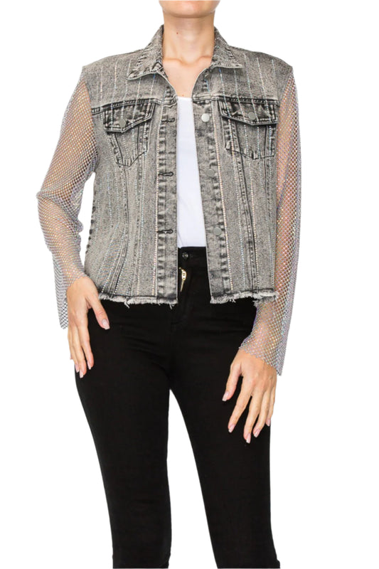 Denim Jacket with Mesh Stone Sleeves