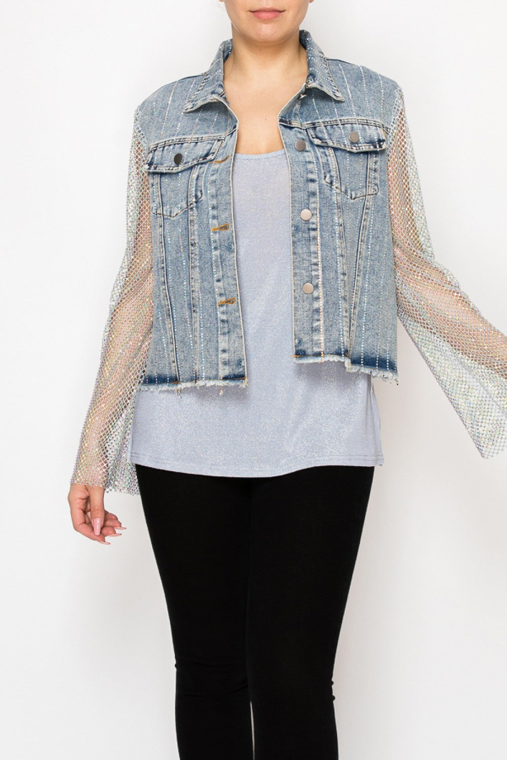 Denim Jacket with Mesh Stone Sleeves