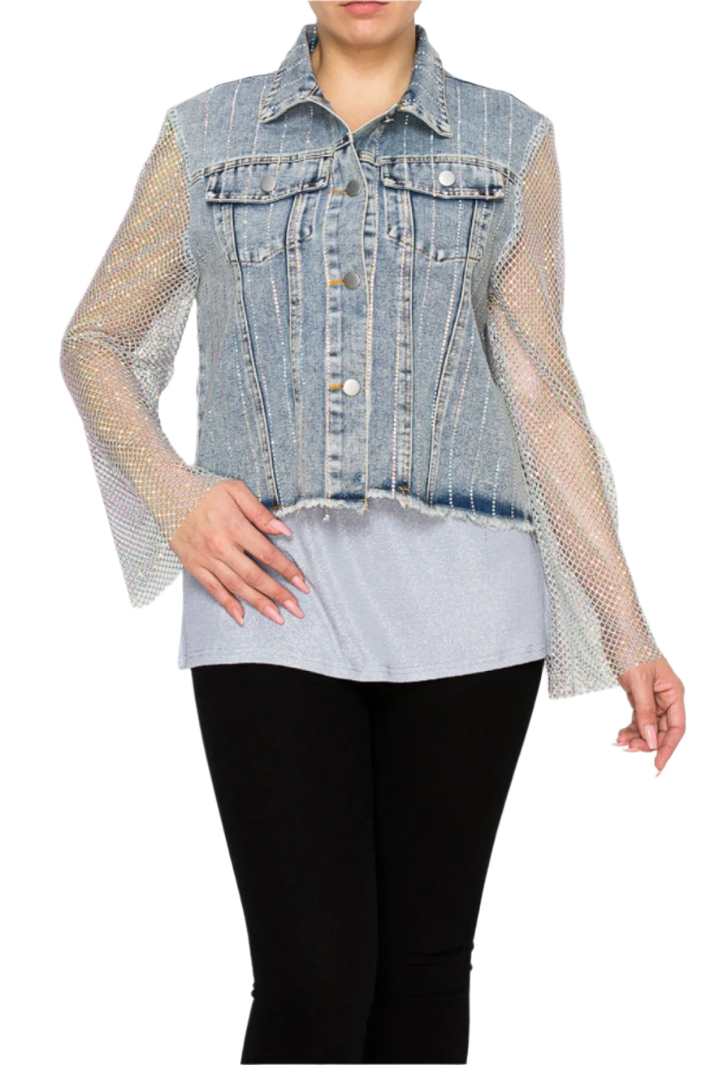 Denim Jacket with Mesh Stone Sleeves