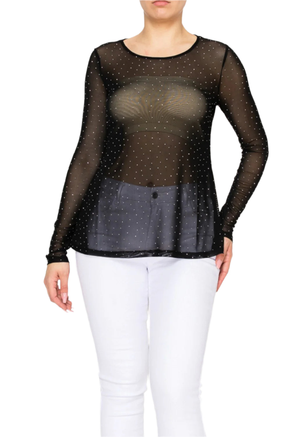 Long Sleeve Mesh Top with Sparkly Details