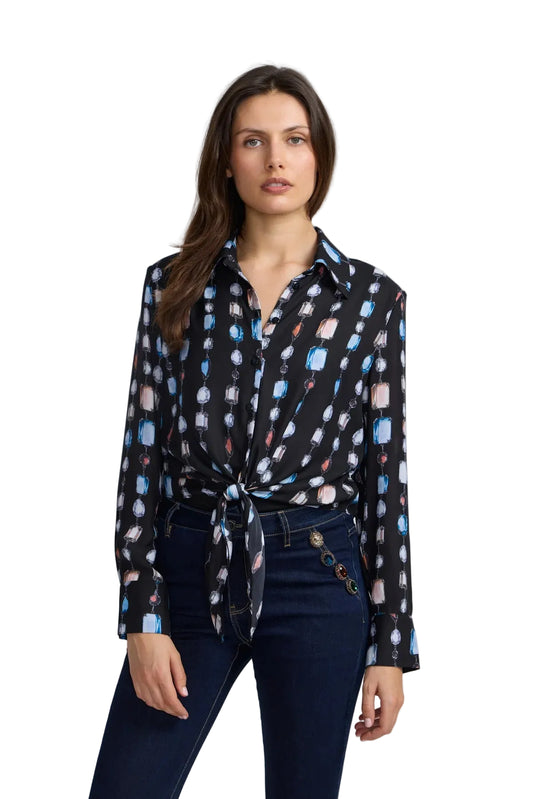 Jewel Print Tie Front Blouse