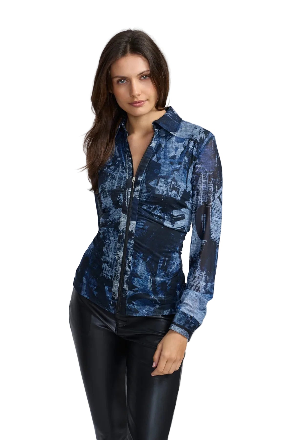 Abstract Print Zip Mesh Blouse