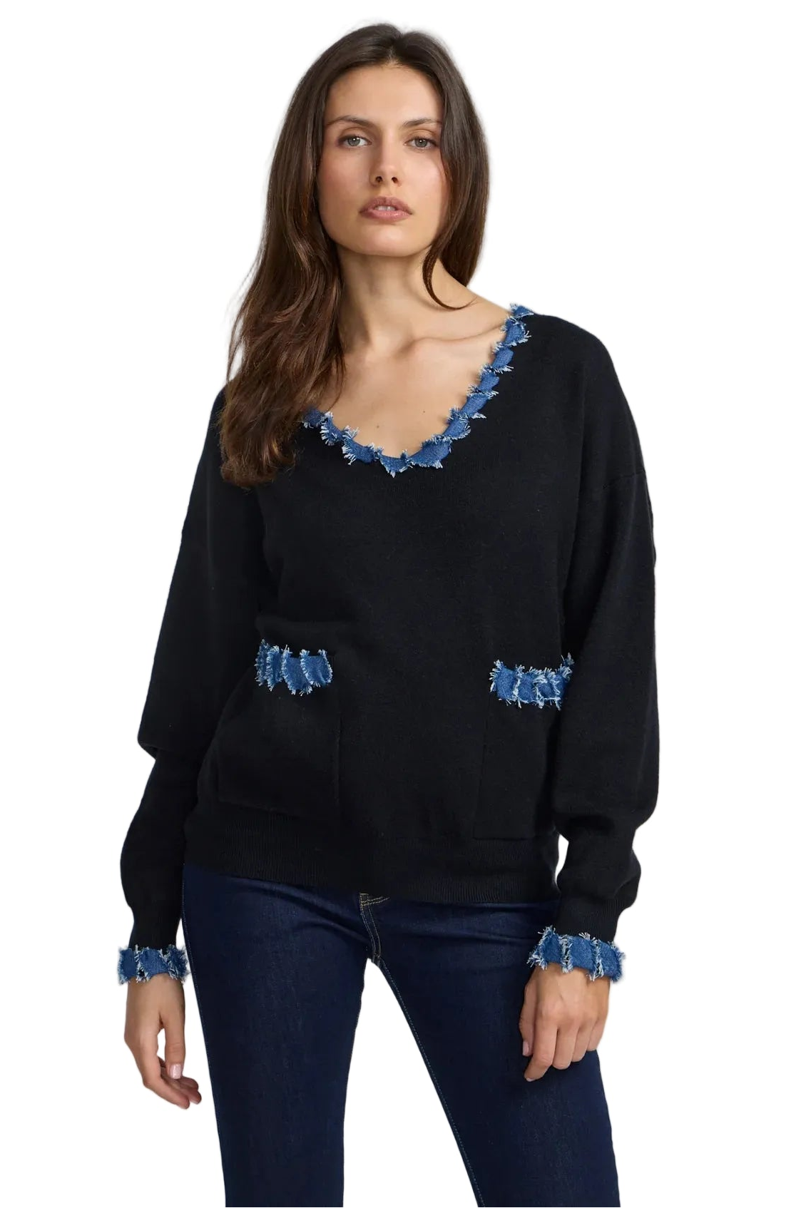 Denim Trim V-Neck Oversize Knit Top