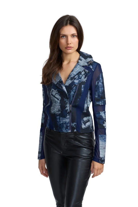 Abstract Print Mesh Moto Combo Jacket
