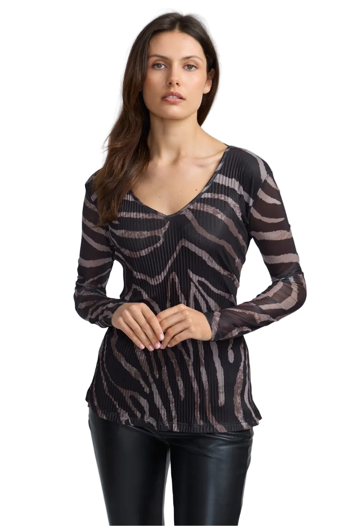 Abstract Zebra V-Neck Plisse Mesh Top