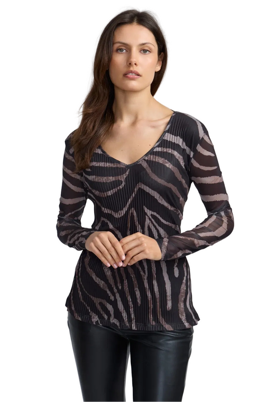 Abstract Zebra V-Neck Plisse Mesh Top