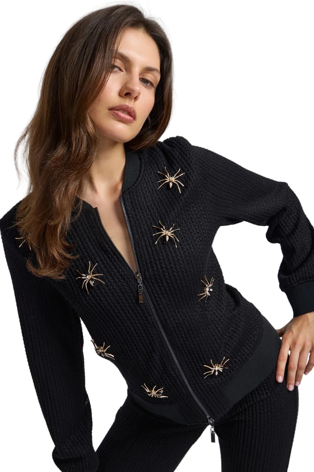 Zip Knit Bomber with Brooch Detail