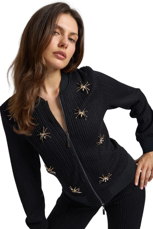 Zip Knit Bomber with Brooch Detail