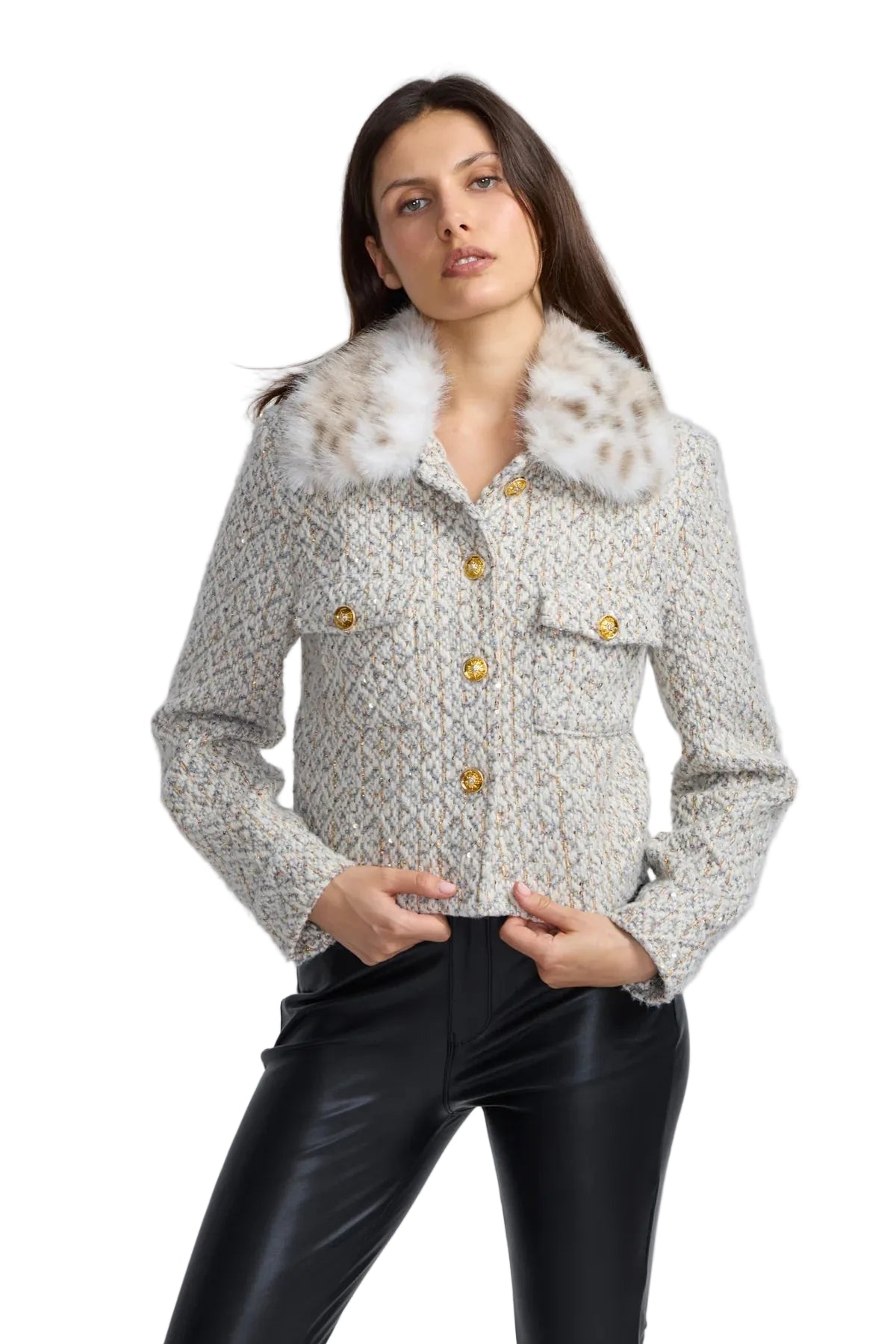 Faux Fur Collar Tweed Short Jacket