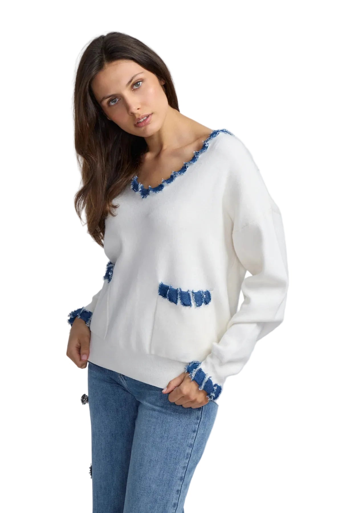 Denim Trim V-Neck Oversize Knit Top