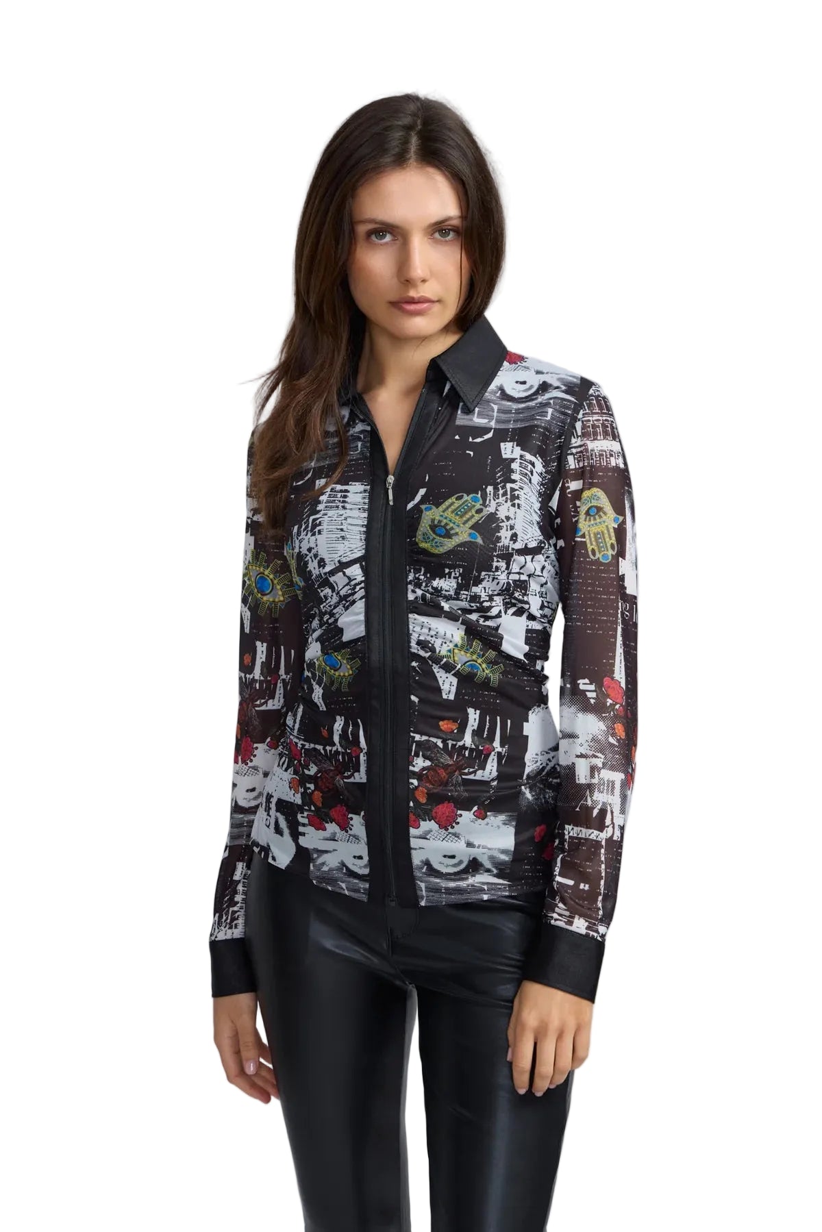 Newspaper Print Zip Mesh Pleather Combo Shirt