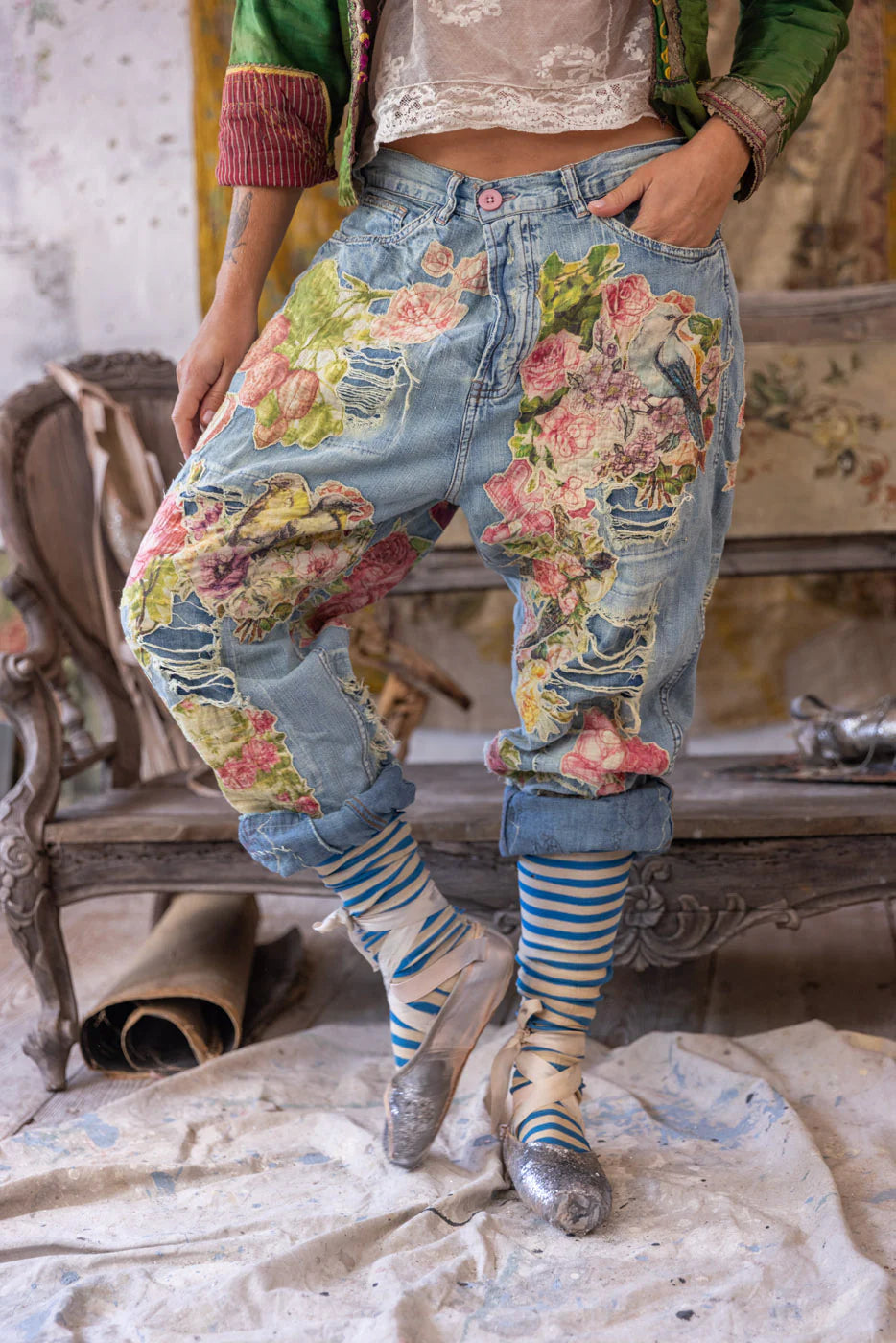 Floral Applique Miner Denims