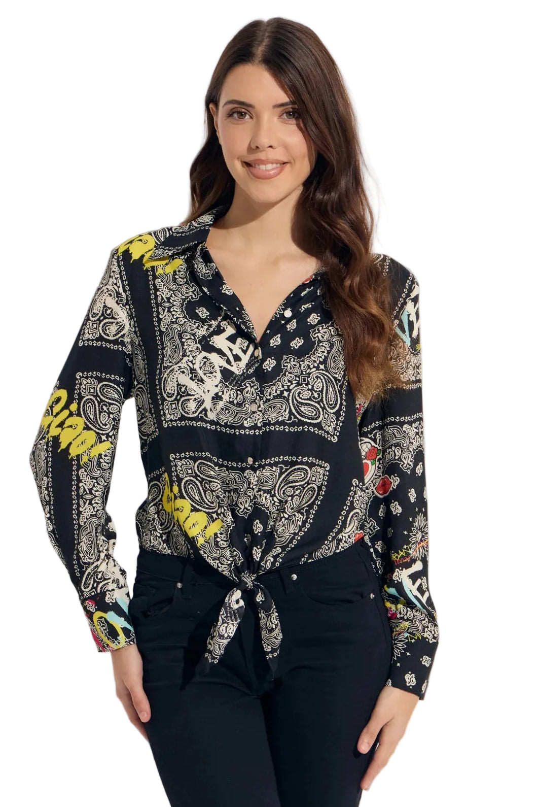 Bandana Print Graffiti Tie Front Short Blouse