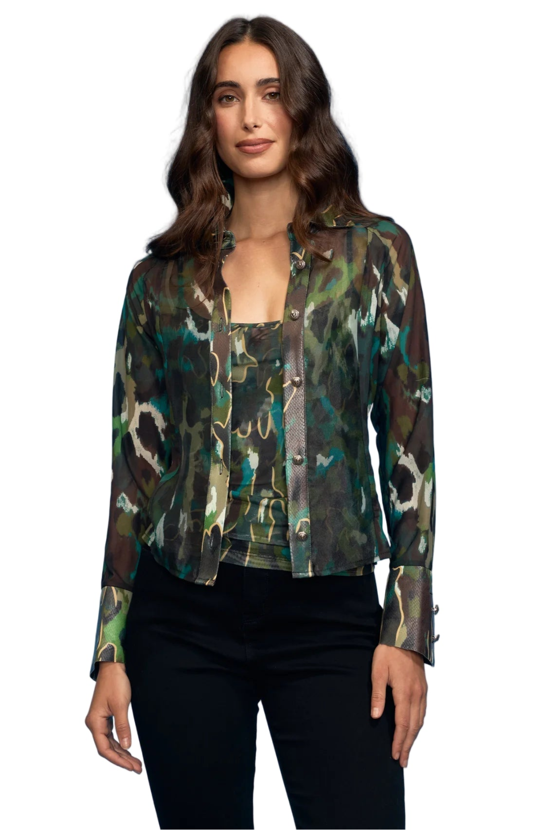 2pc Organza Blouse with Mesh Tank - Green Leopard