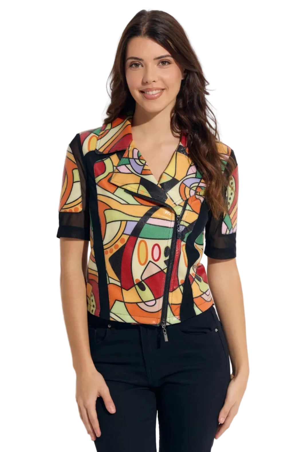 Printed Short Sleeve Moto Mesh Combo Jacket