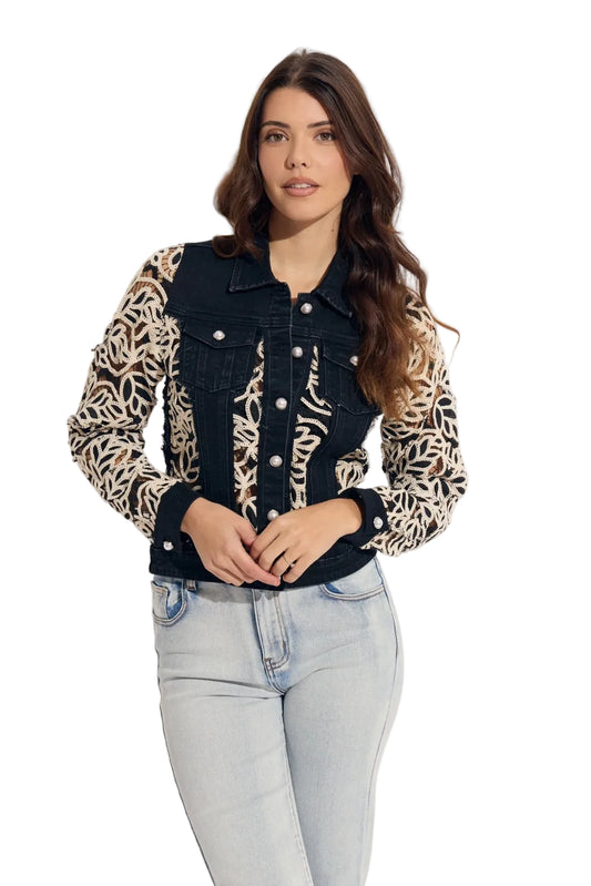 Leaf Crochet Denim Combo Jean Jacket