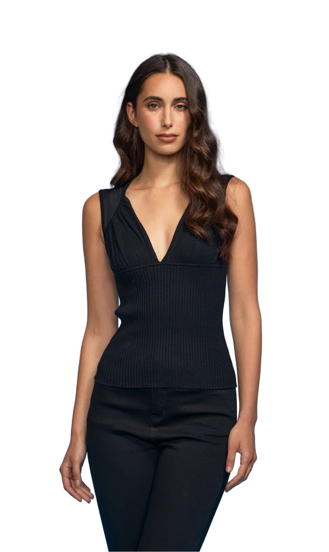 Mesh/Knit Combo V-Neck Knit Top