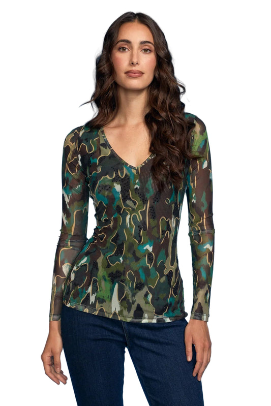 Green Leopard V-Neck Mesh Top