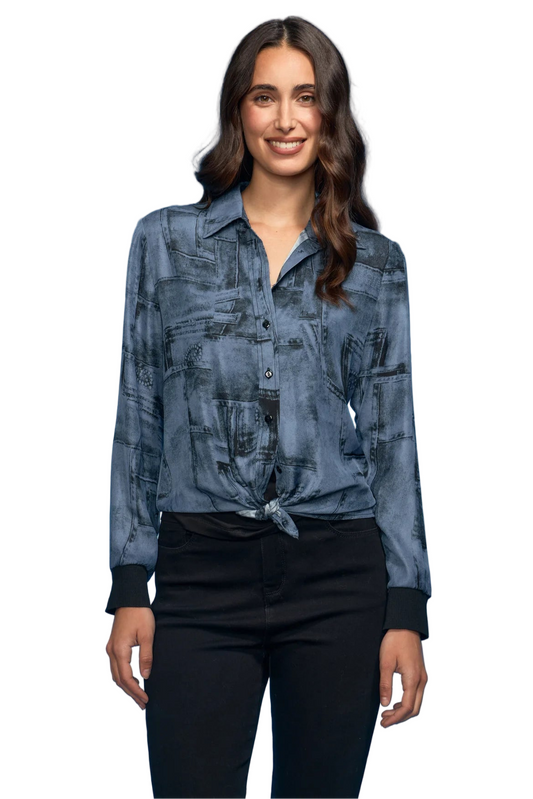 Denim Patch Print Blouse with Knit Cuffs