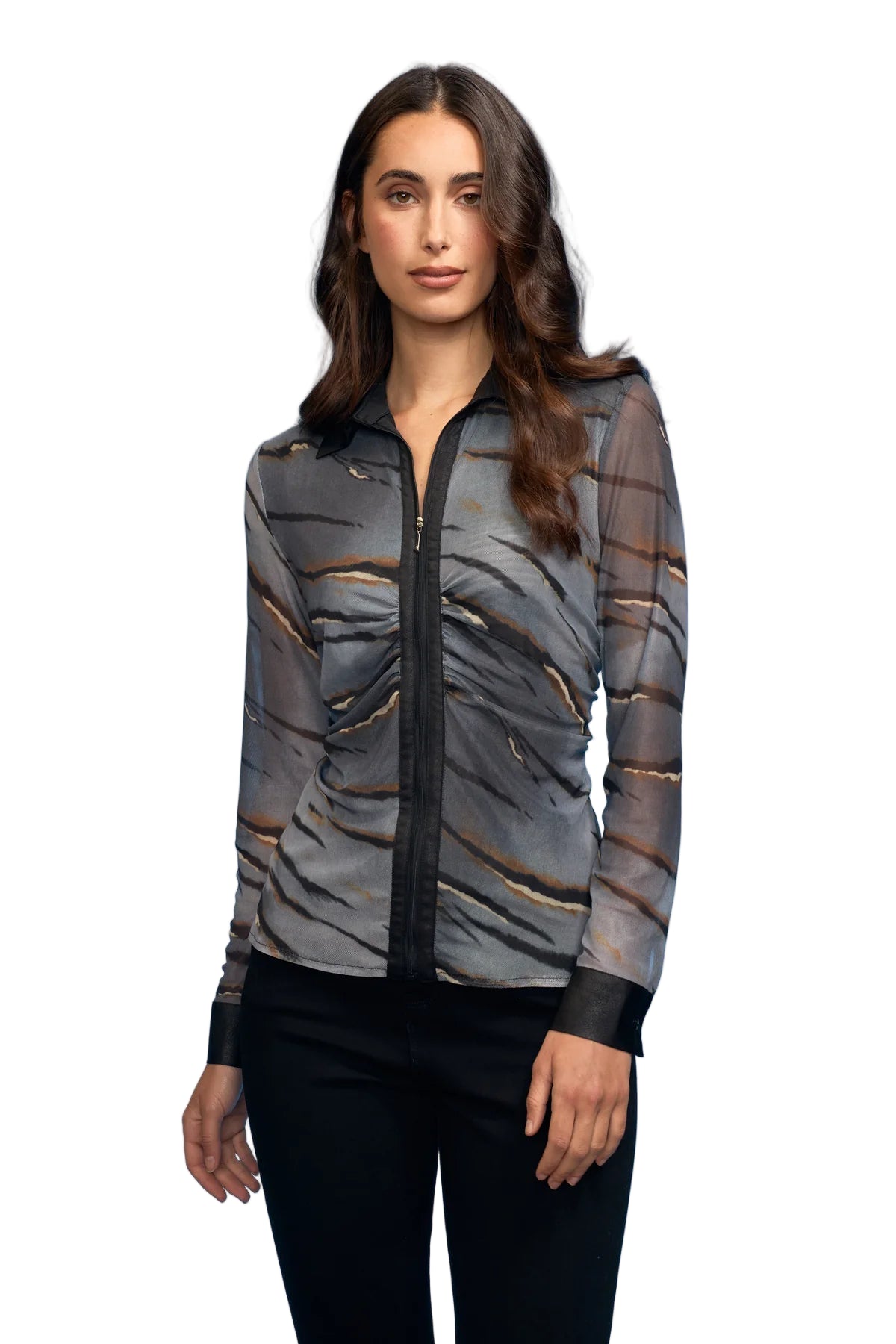 Tiger Mesh/Pleather Combo Zip Blouse