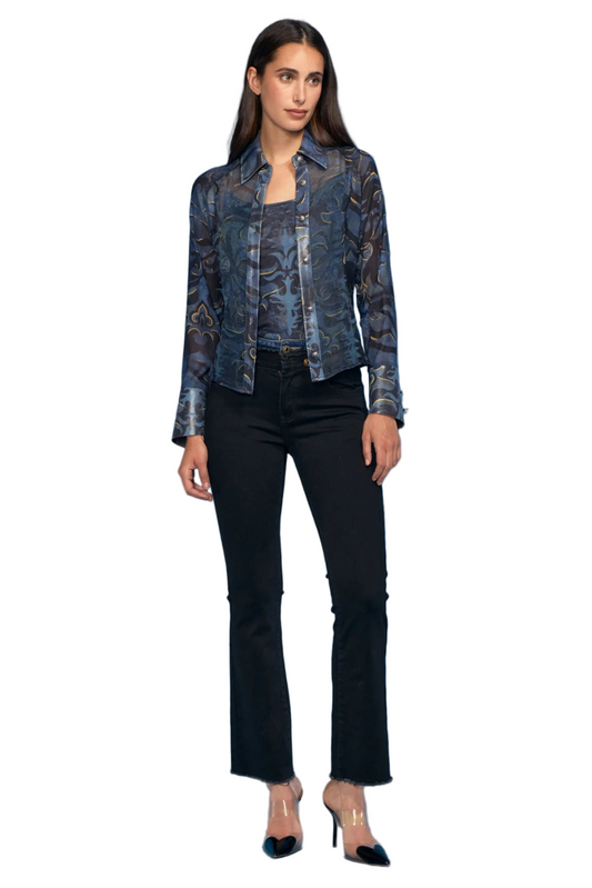 2pc Organza/Chiffon Blouse with Mesh Tank (Blue Abstract)