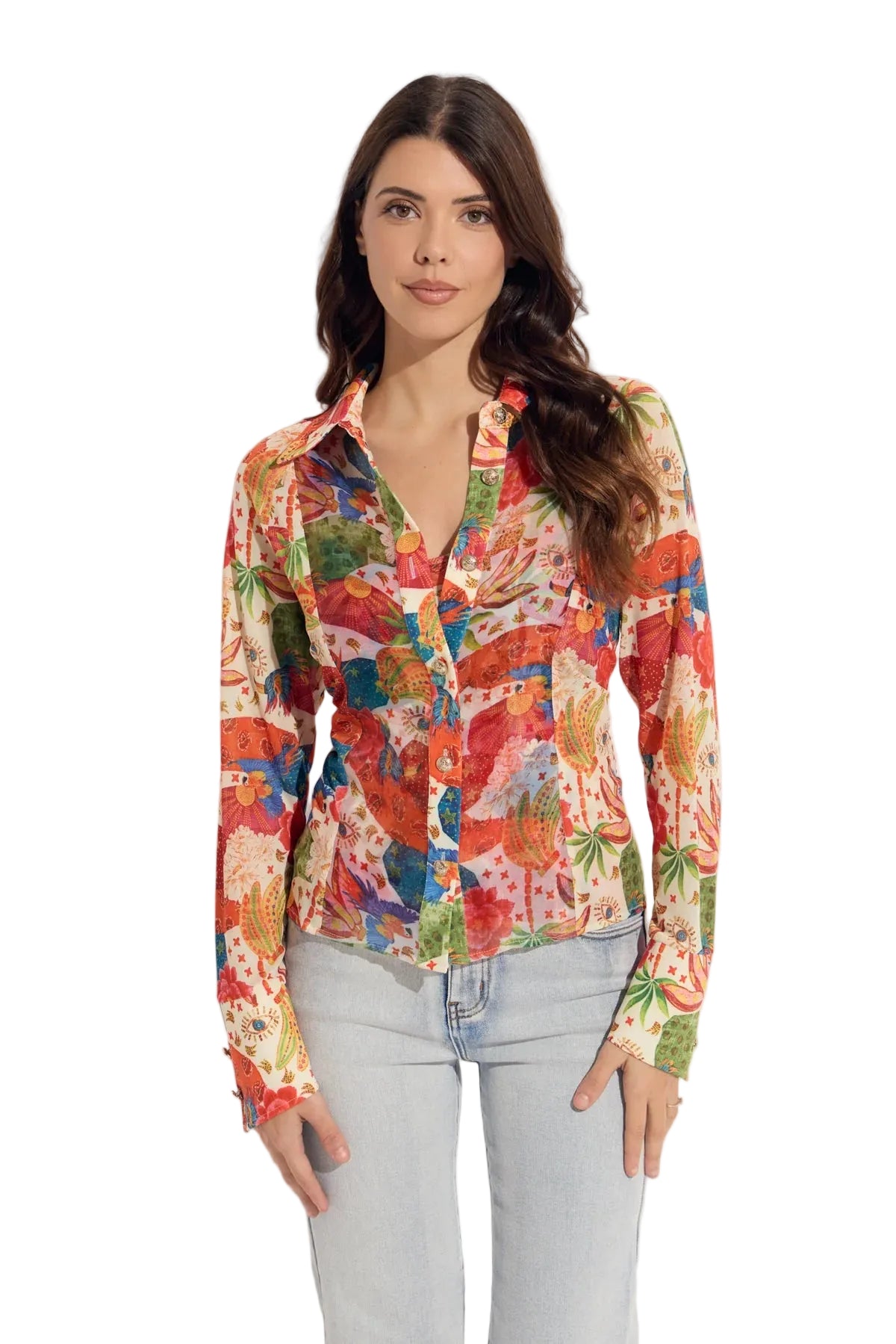 Banana/Eye 2pc Organza Shirt with Printed Mesh Tank