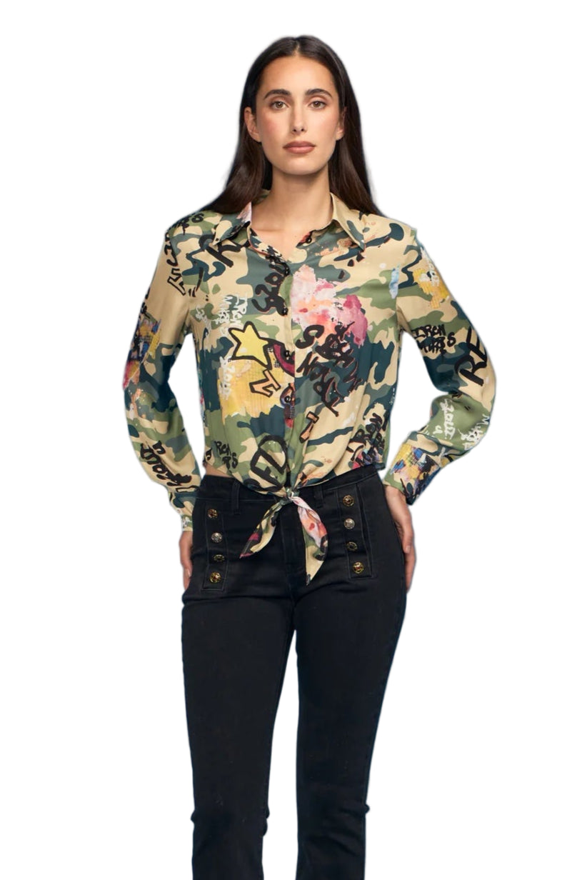 Camo Tie Front Blouse