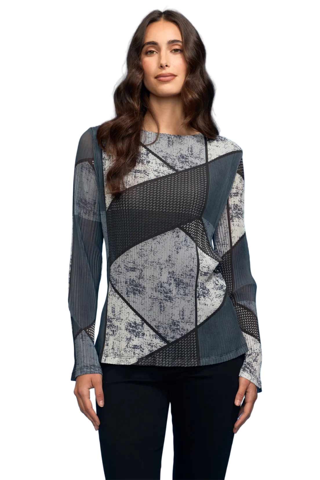 Geometric Round Neck Plisse Blouse