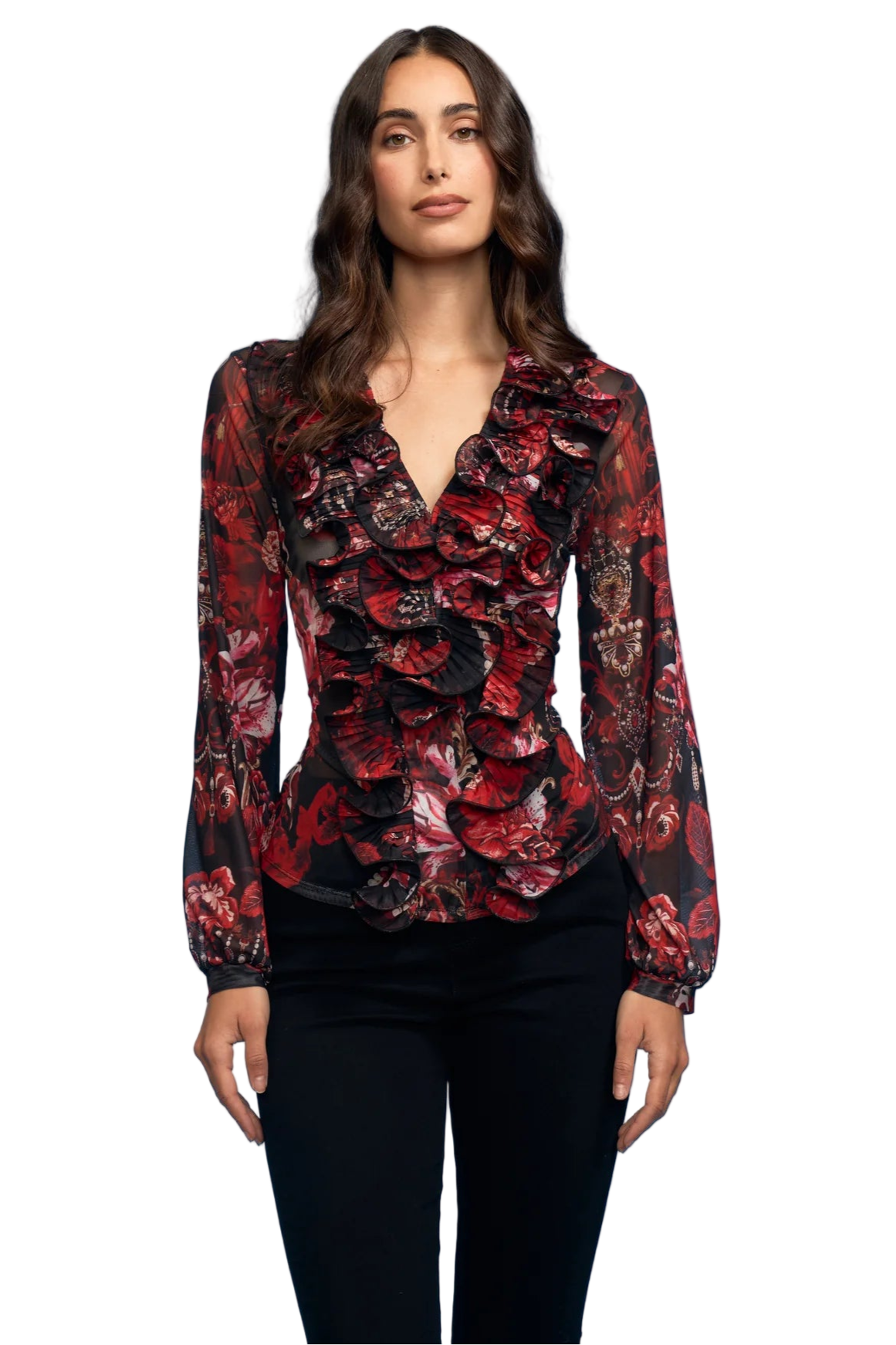 Red/Rose Ruffle Mesh Combo Mesh Blouse