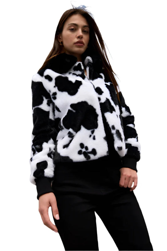 Cow Print Faux Fur Jacket