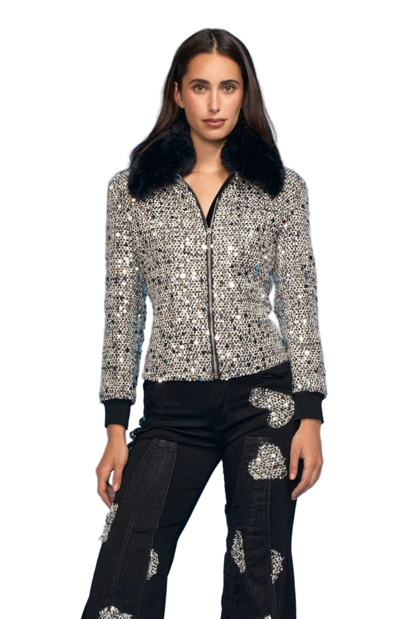 Boucle Sequence Zip Jacket with Faux Fur Collar