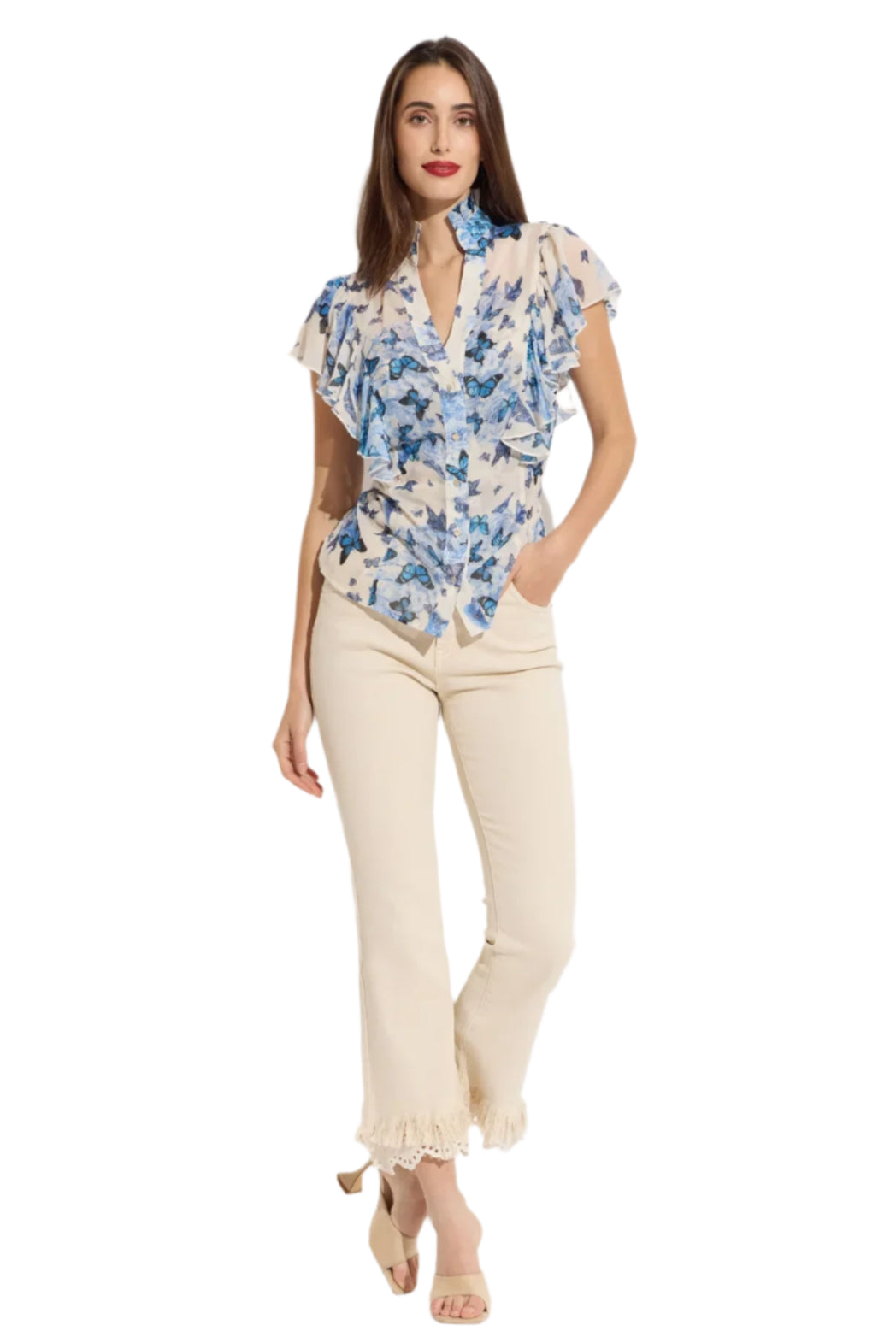 Butterfly Short Sleeve Ruffle Blouse with Tank