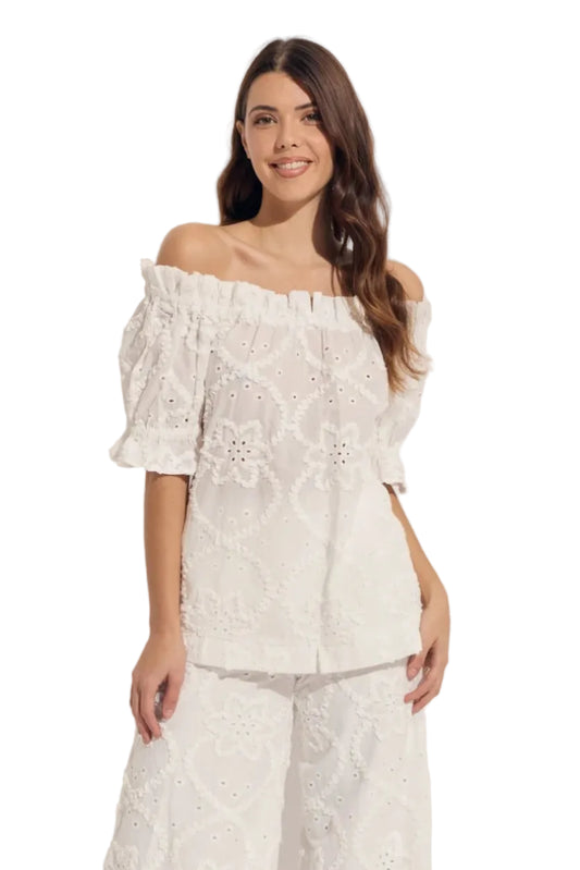 Cotton Embroidery Off Shoulder Short Sleeve Top