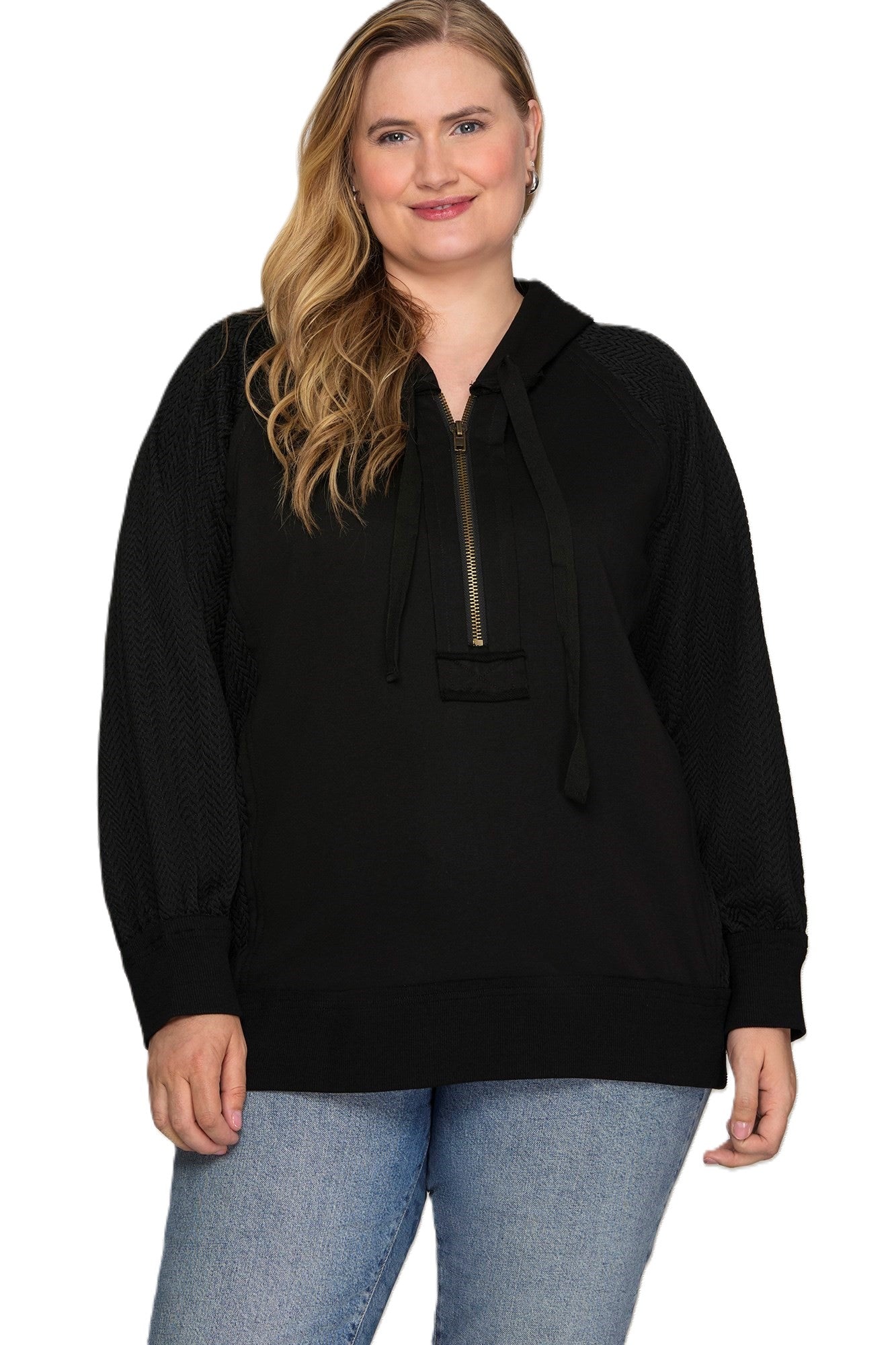 Contrast Sleeve Half Zip Hooded Sweatshirt