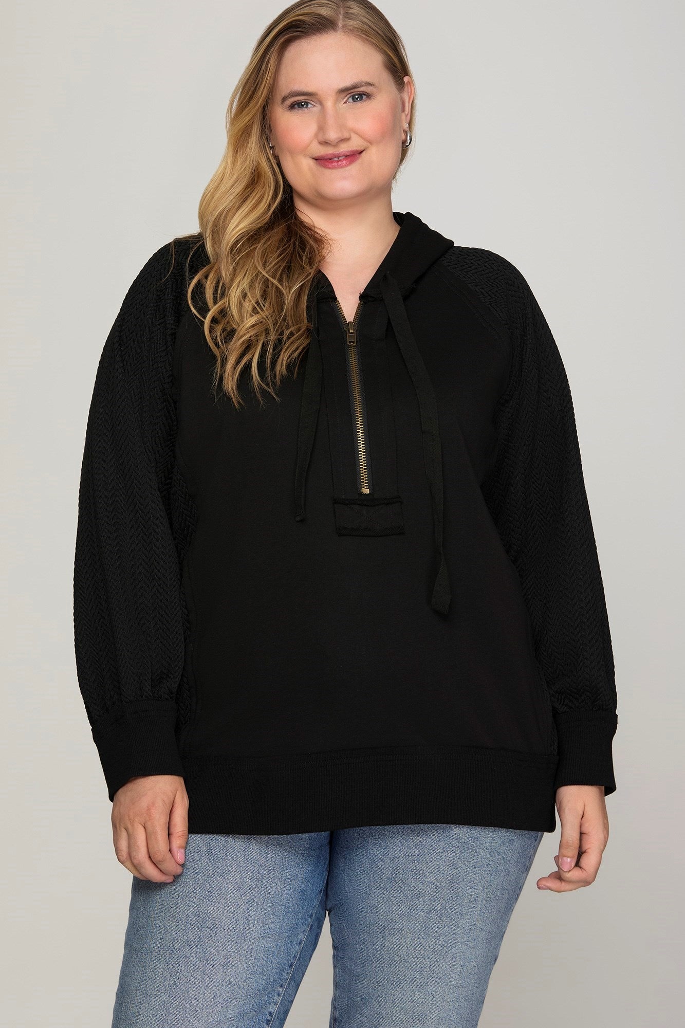 Contrast Sleeve Half Zip Hooded Sweatshirt