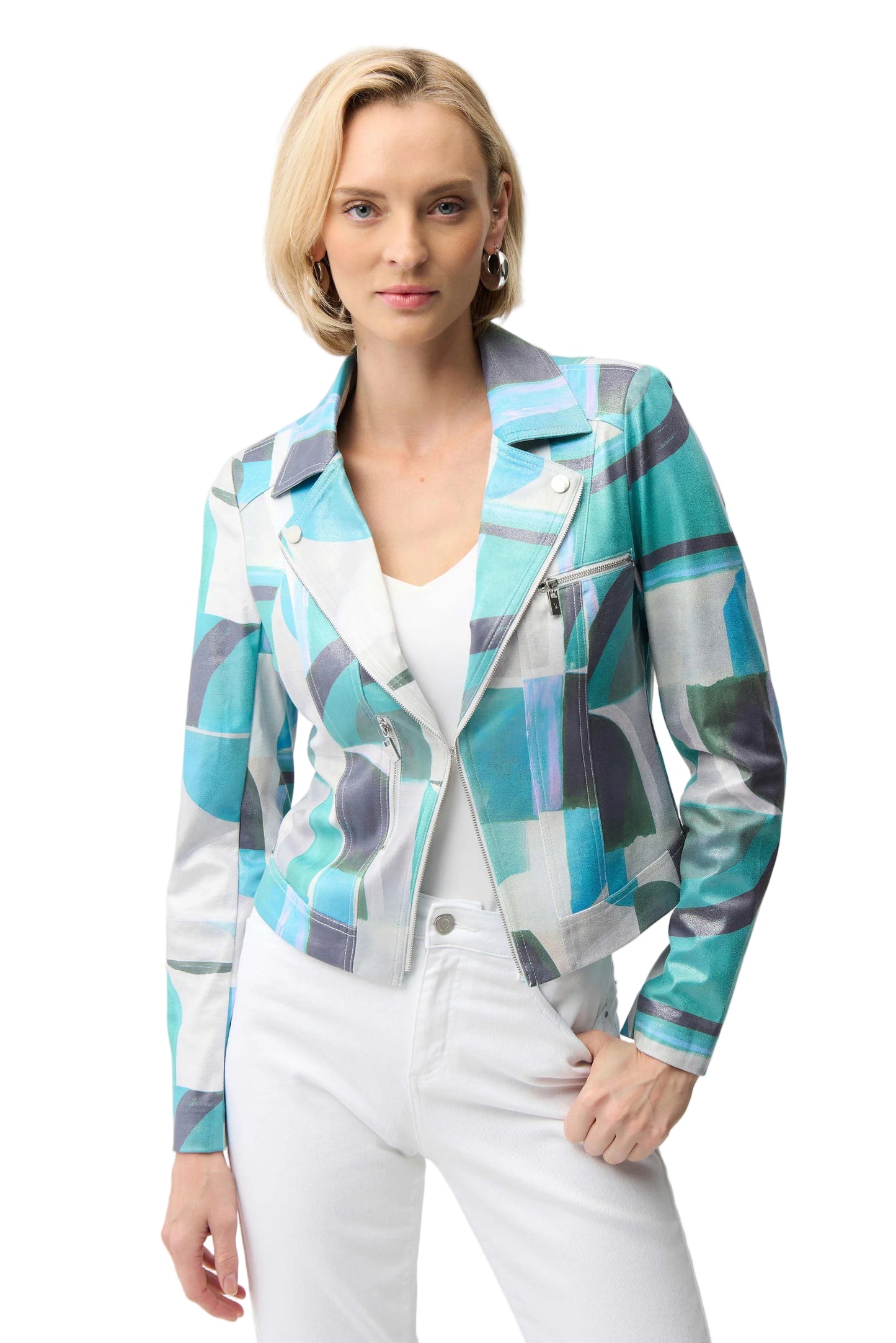 Foiled Faux Suede Geometric Print Fitted Jacket