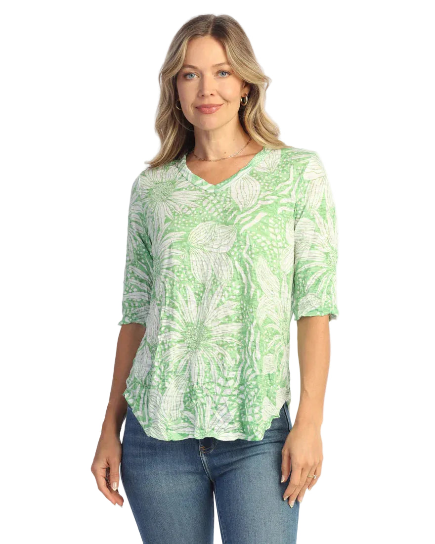 Crushed V-Neck Top with Round Hem - Block Print