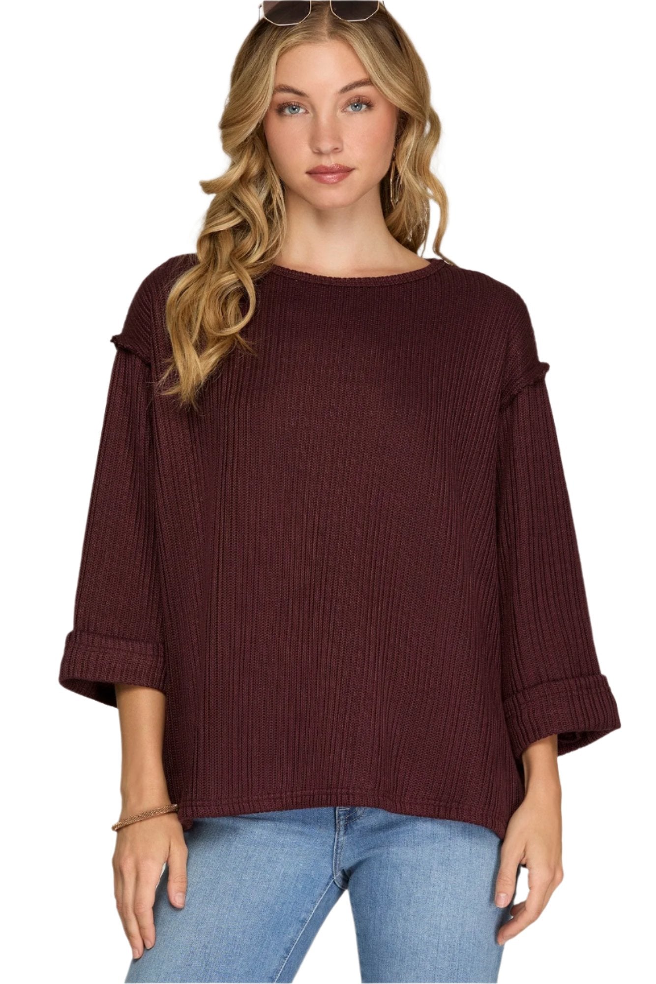 3/4 Folded Sleeve Knit Top