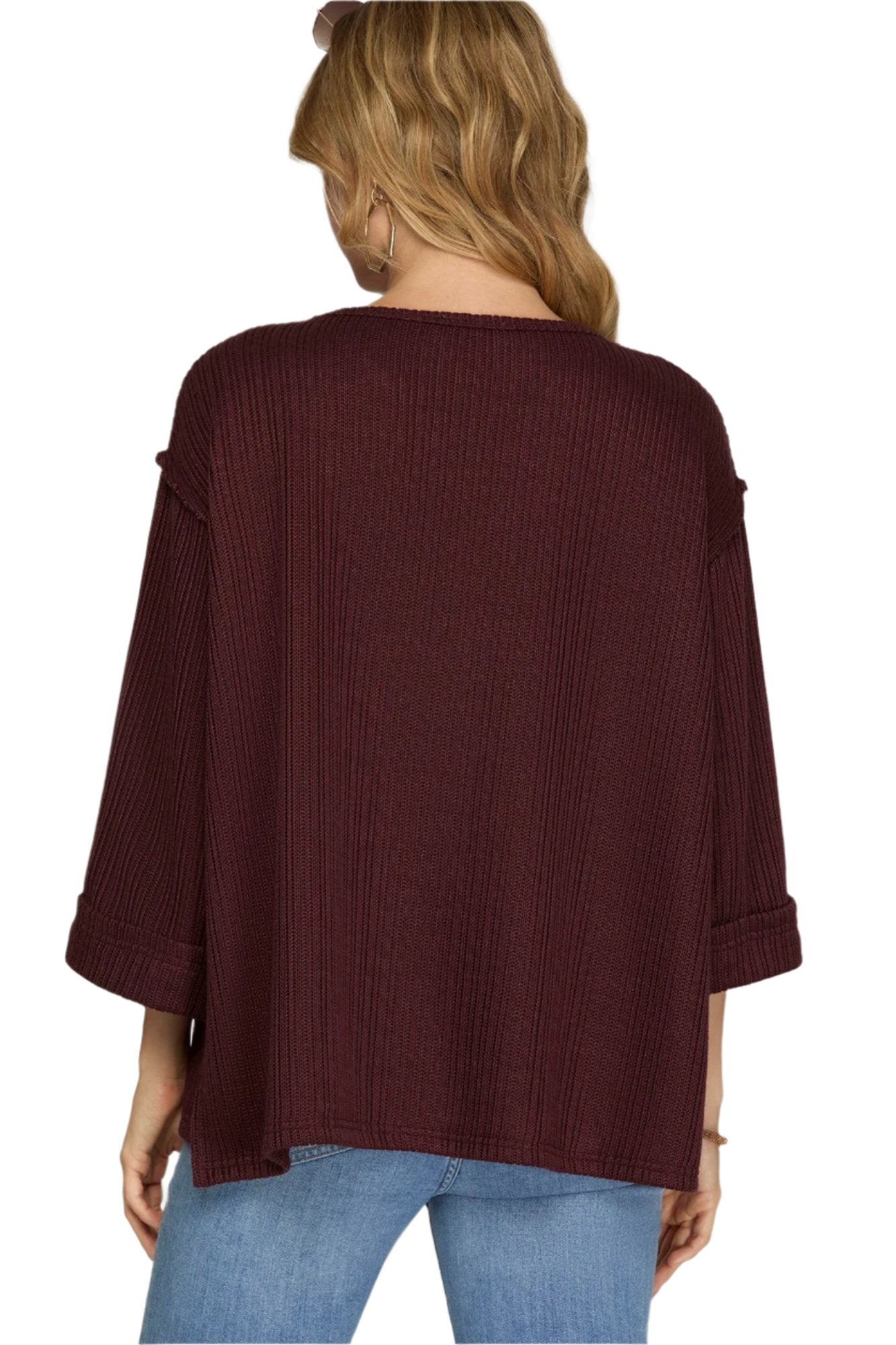 3/4 Folded Sleeve Knit Top