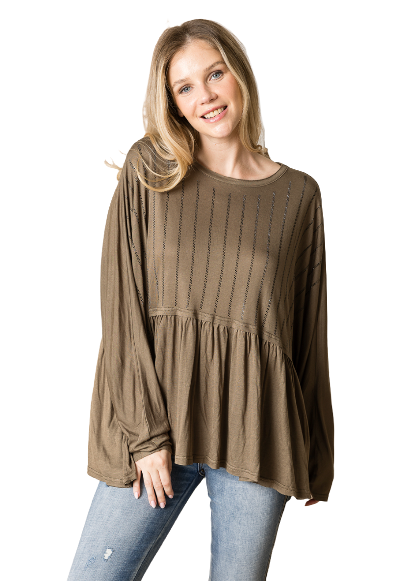 Oversized Long Sleeve Top with Rhinestones