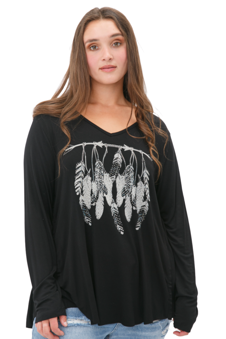 V-Neck Long Sleeve Top with Feather Print