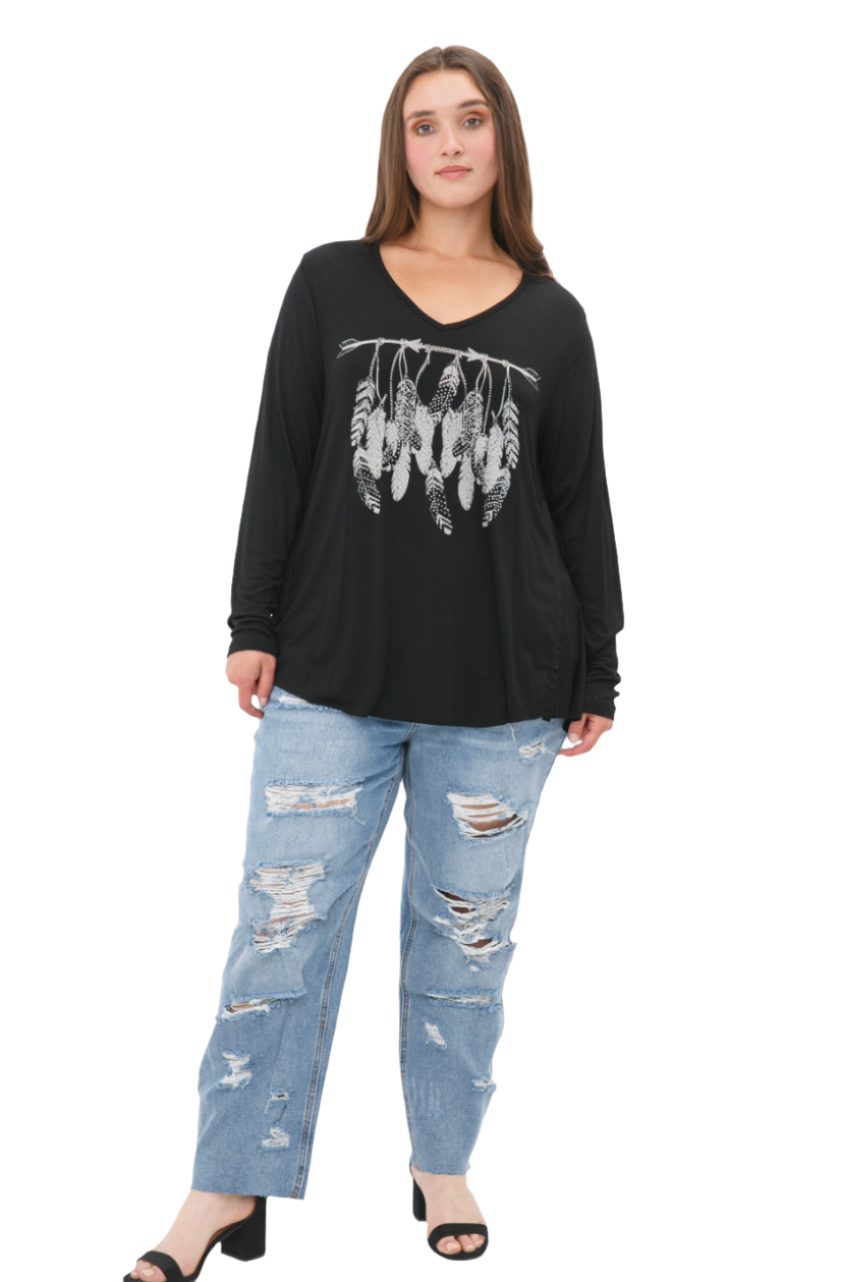 V-Neck Long Sleeve Top with Feather Print