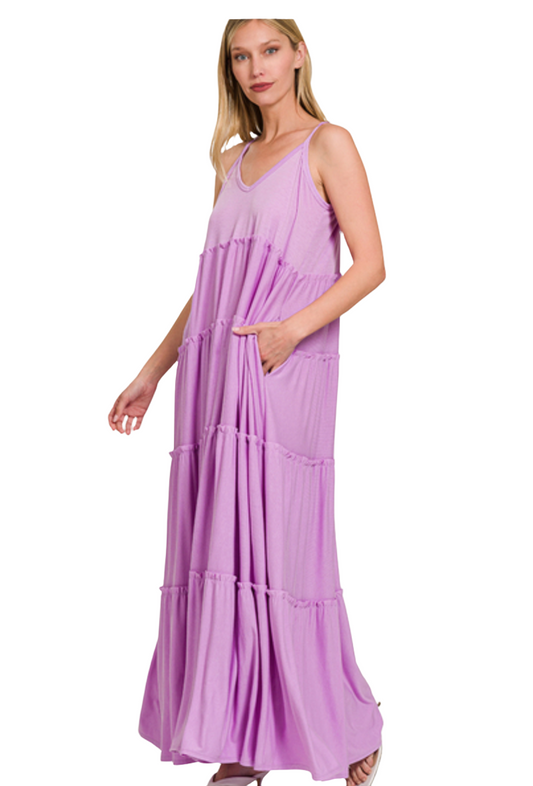 V-Neck Tiered Cami Maxi Dress with Side Pockets