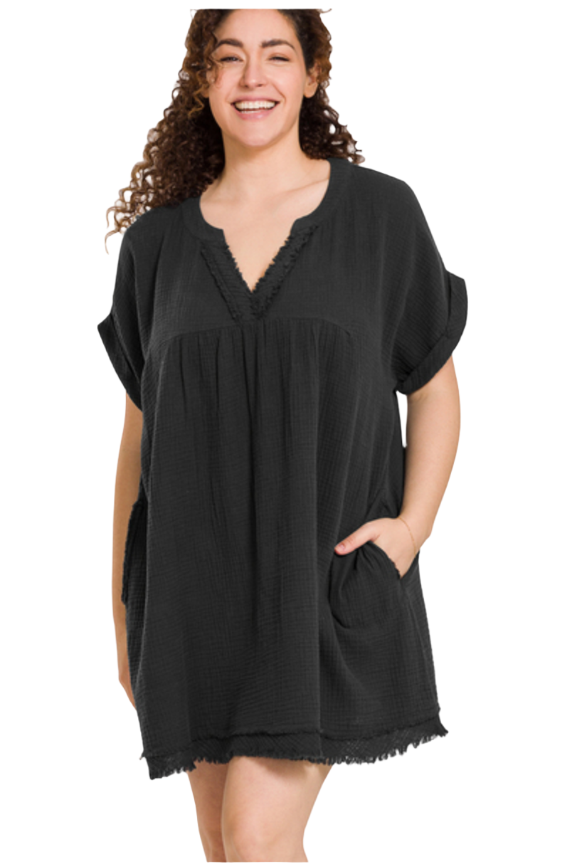 Gauze Raw Edge V-Neck Dress